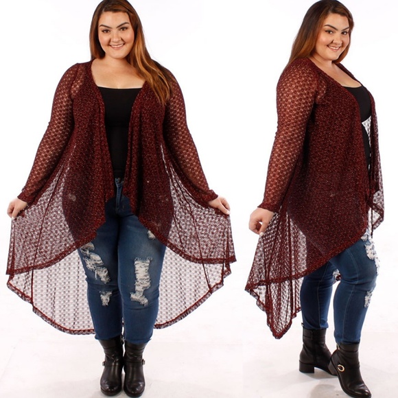 Sweaters - 1x-3x Plus Size Burgundy Lace Lurex Cardigan 123X